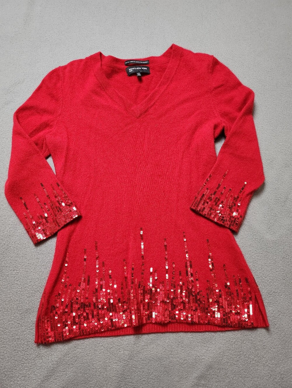 Jones New York Luxe 100% Cashmere Red Sequined V-Neck Sweater Size L